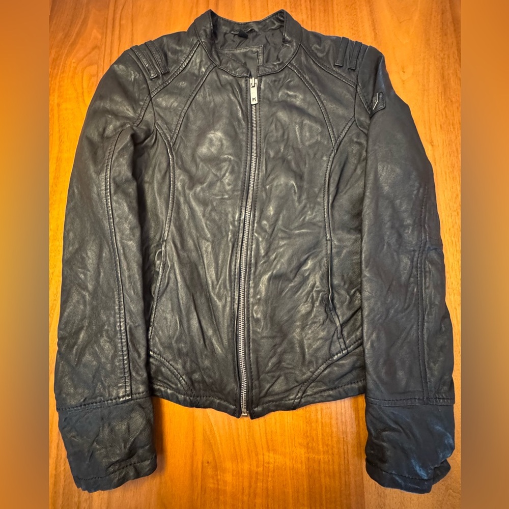 Mauritius Black Lamb Leather Moto-Style Jacket, Size XS
